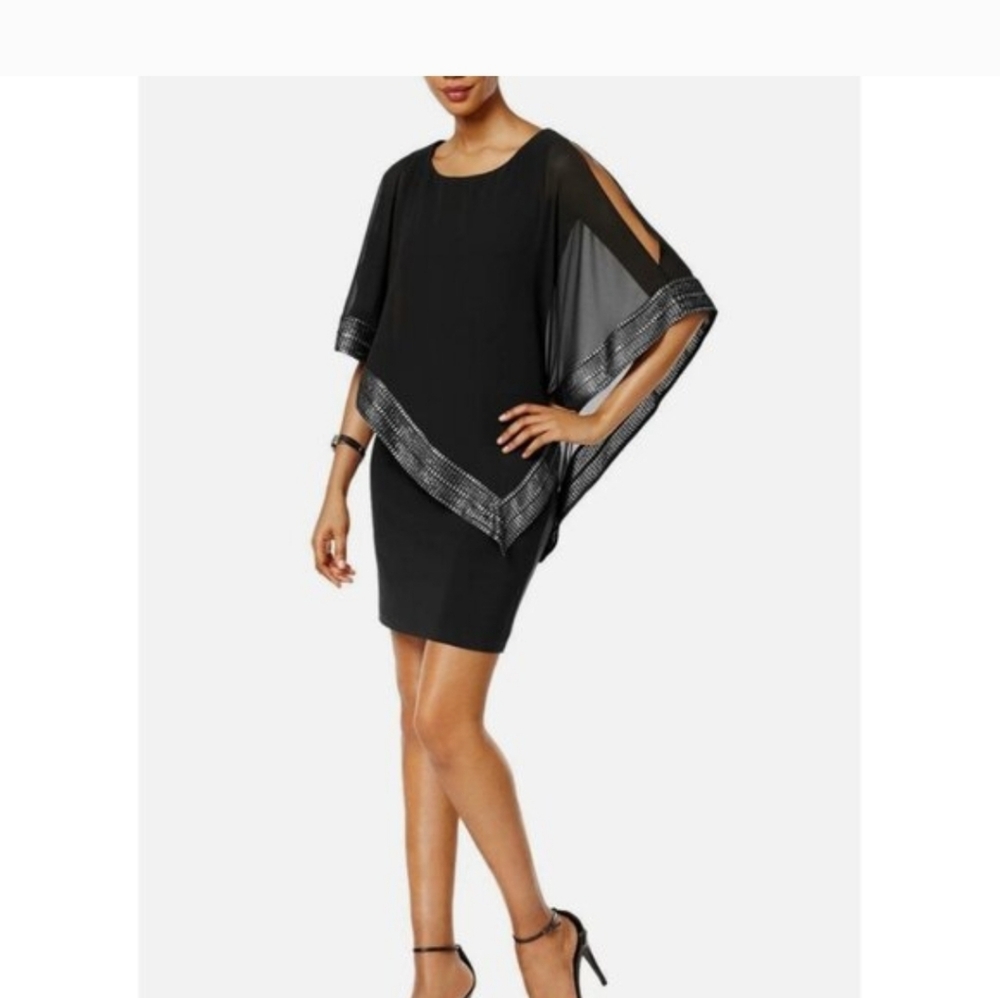 NWT SLNY Dress Silver Evening Cocktail Trim Poncho Chiffon Sheer Sz 14